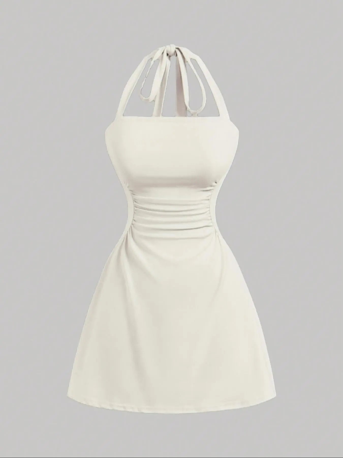 Plain Ruched Tie Back Halter Neck Dress