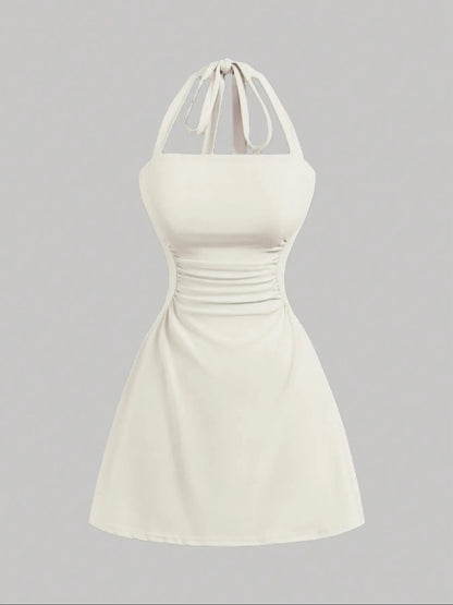 Plain Ruched Tie Back Halter Neck Dress