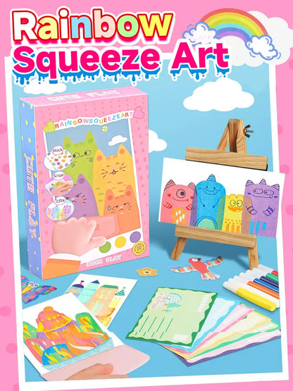 Rainbow Squeeze Art Kit - Creative Scratch & Color Art Set for Kids with 20 Drawing Papers 7 Acrylic Paints 6 Watercolor Pens 1 Sticker Sheet & Squeegee Board