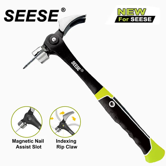 SEESE 16oz Claw Hammer with Magnetic Nail Starter,Indexing Rip Claw,Forged Steel Head,Shock-Absorbing TPR Grip