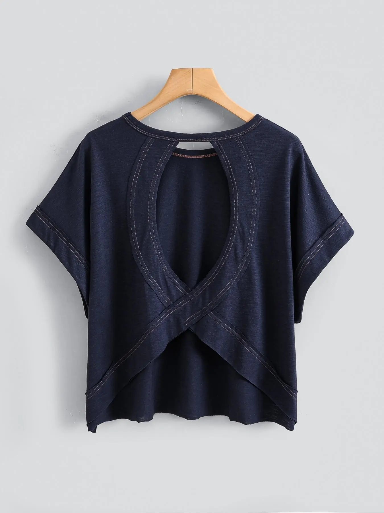 Women's Plain Cut Out Asymmetrical Hem Batwing Sleeve Tee