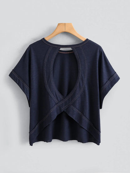 Women's Plain Cut Out Asymmetrical Hem Batwing Sleeve Tee