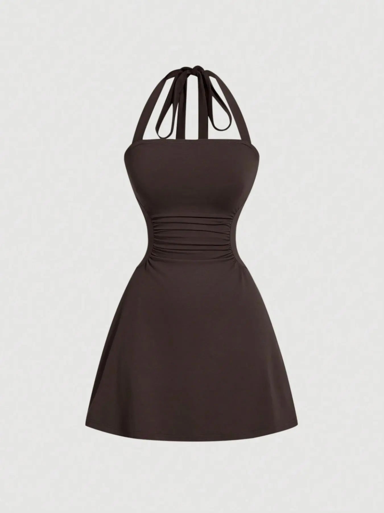 Plain Ruched Tie Back Halter Neck Dress