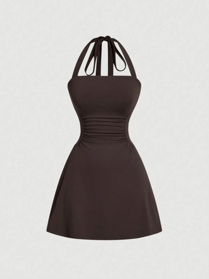 Plain Ruched Tie Back Halter Neck Dress