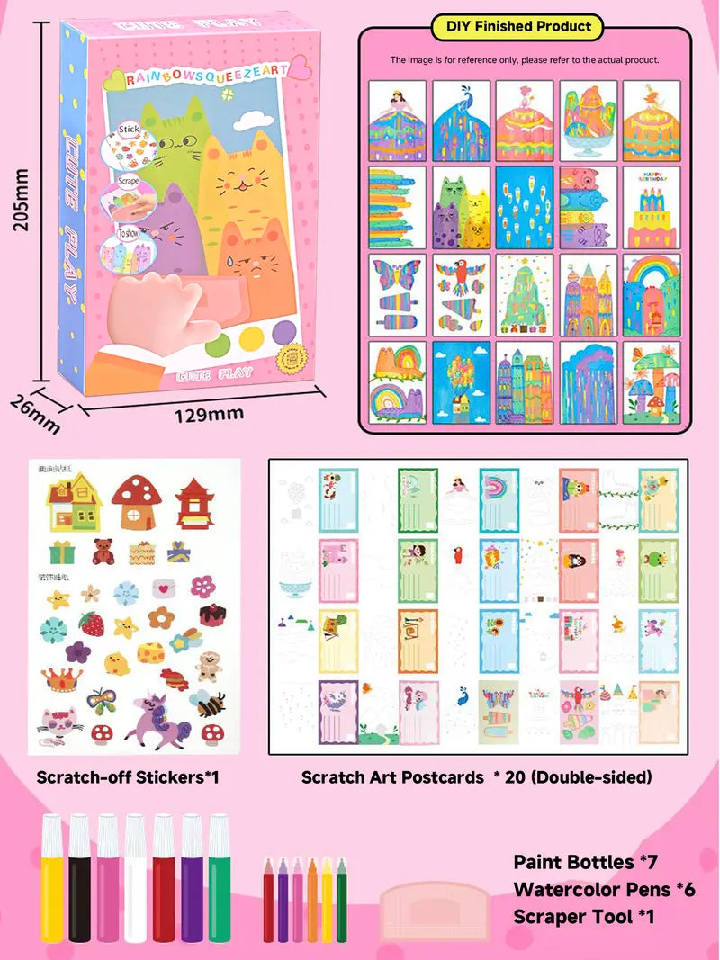 Rainbow Squeeze Art Kit - Creative Scratch & Color Art Set for Kids with 20 Drawing Papers 7 Acrylic Paints 6 Watercolor Pens 1 Sticker Sheet & Squeegee Board