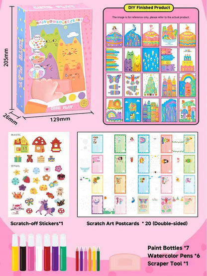 Rainbow Squeeze Art Kit - Creative Scratch & Color Art Set for Kids with 20 Drawing Papers 7 Acrylic Paints 6 Watercolor Pens 1 Sticker Sheet & Squeegee Board