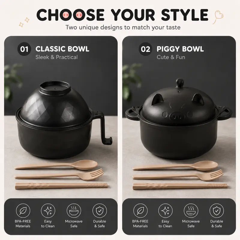 (2 Pack) Microwave Ramen Bowl Set with Handle, Spoon, Fork, Chopsticks