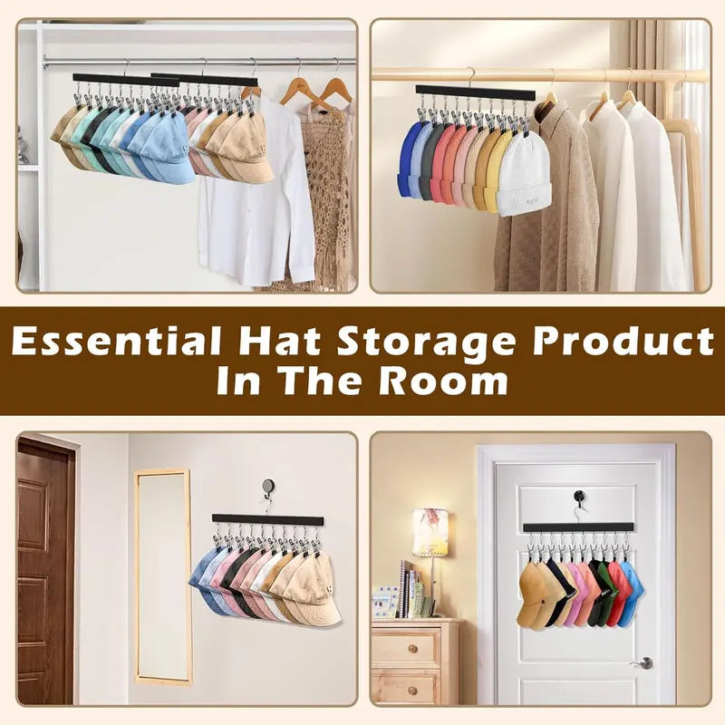 2 Pack Wooden Hat Organizer with 12 Stainless Steel Clips