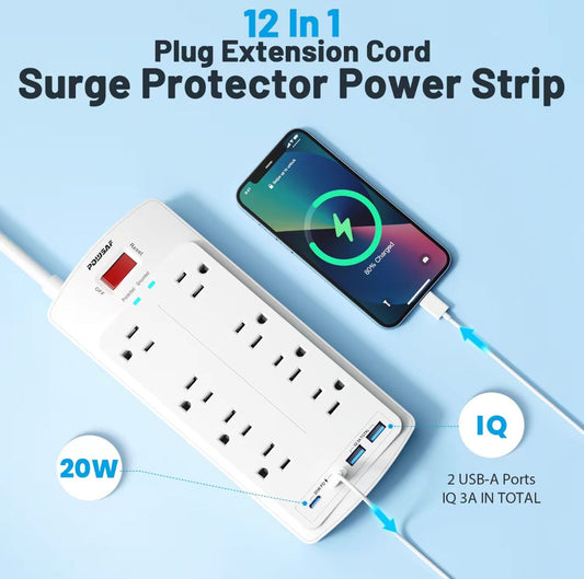 12 In 1 Surge Protector Power Strip, POWSAF 5Ft Flat Plug Extension