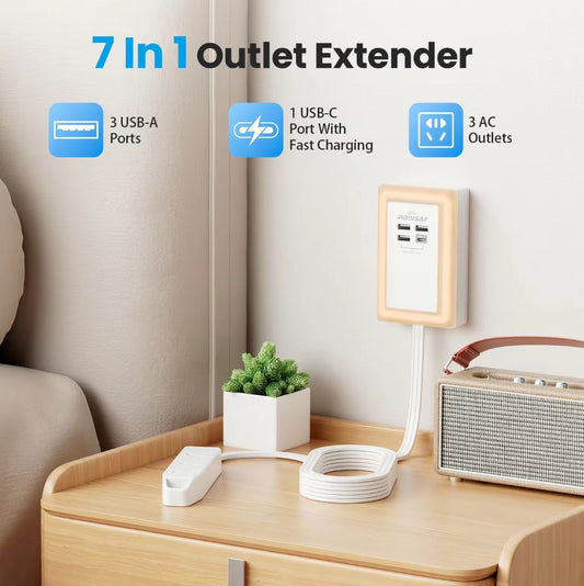 Flat Plug Power Extender For Outlet with 3 USB-A 1 USB-C & 3 AC Outlets
