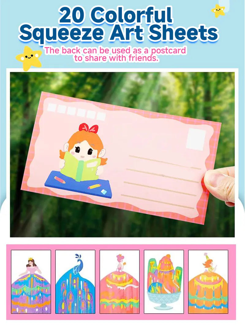 Rainbow Squeeze Art Kit - Creative Scratch & Color Art Set for Kids with 20 Drawing Papers 7 Acrylic Paints 6 Watercolor Pens 1 Sticker Sheet & Squeegee Board