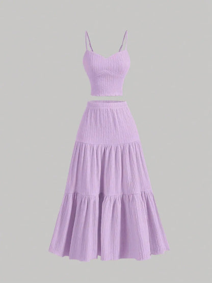 Solid Woven Crop Cami Top & A-line Skirt Two-piece Set