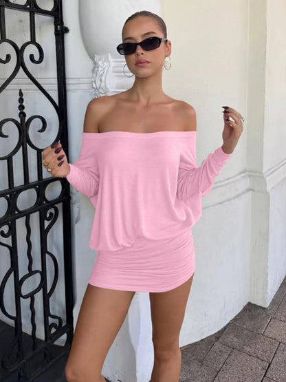 Women's Sheer Ruched Casual Party Dress, Off-The-Shoulder Long Sleeve Fit Women's Mini Dress