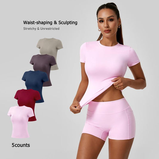 5-Piece Solid Sports Tee Set Round Neck Slim Stretchy