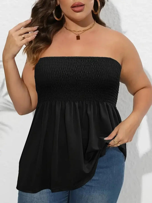 Plus Size Solid Ruffle Hem Shirred Fitted Tube Top, Boho Fashion Chic Elegant Style Tops [2 Pack]