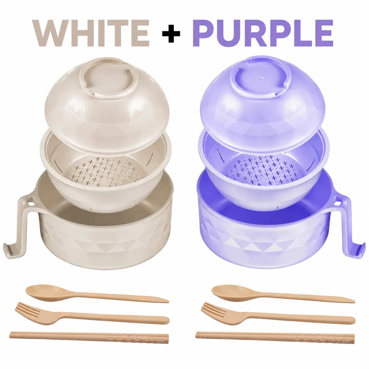 (2 Pack) Microwave Ramen Bowl Set with Handle, Spoon, Fork, Chopsticks