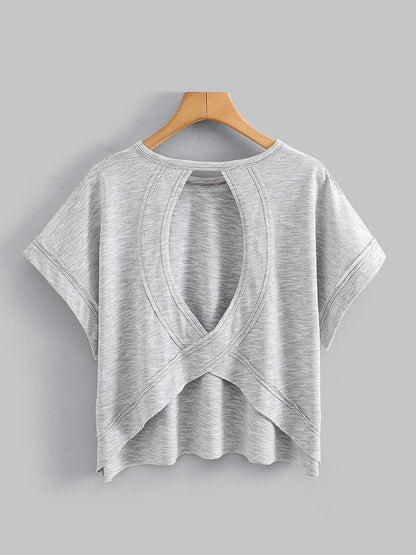 Women's Plain Cut Out Asymmetrical Hem Batwing Sleeve Tee
