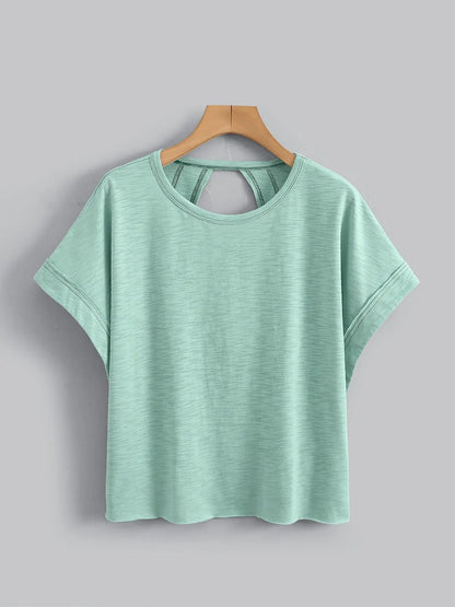 Women's Plain Cut Out Asymmetrical Hem Batwing Sleeve Tee