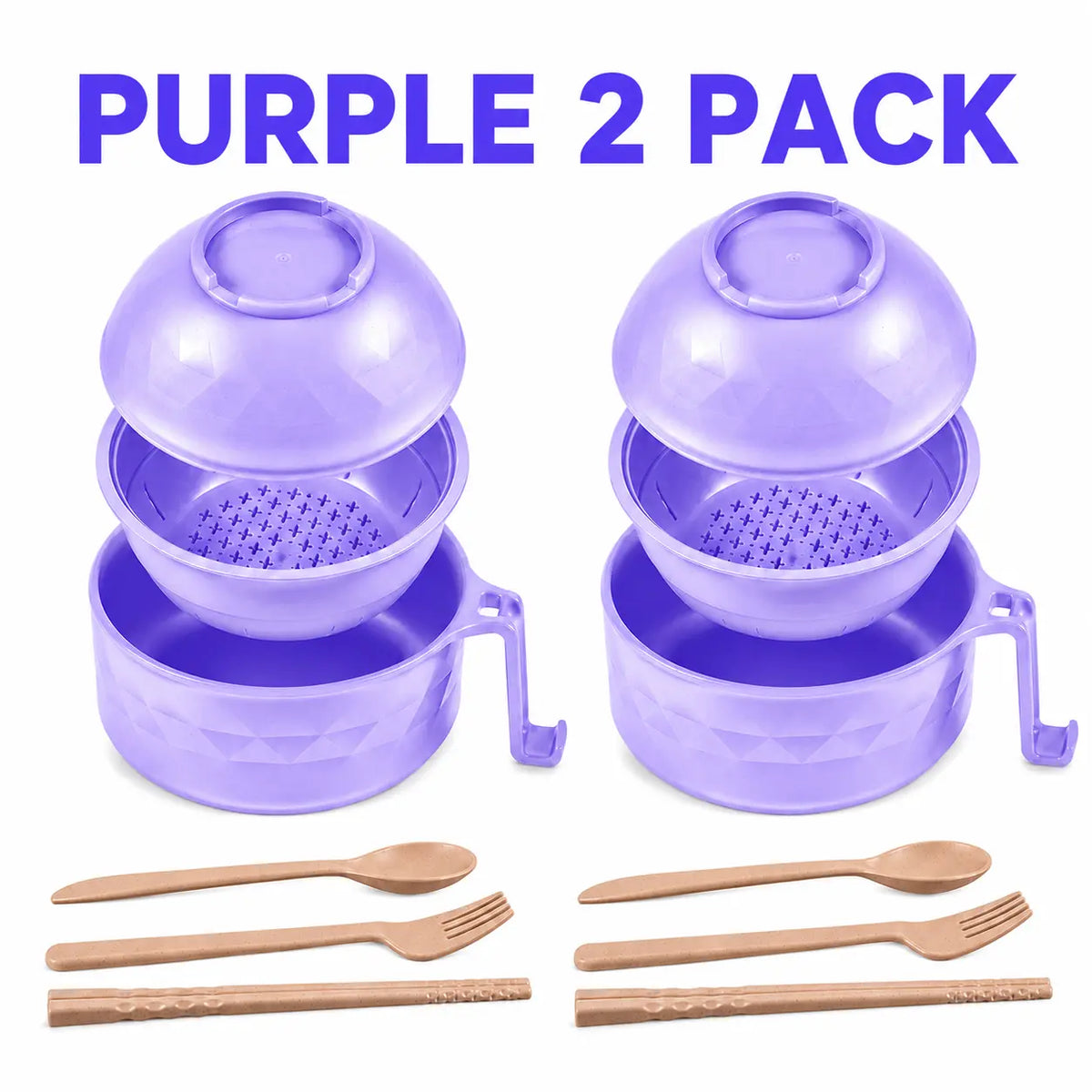 (2 Pack) Microwave Ramen Bowl Set with Handle, Spoon, Fork, Chopsticks