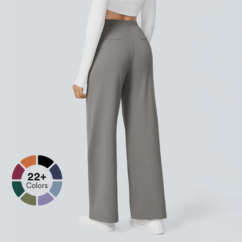 Flex High Waisted Plicated Side Pocket Straight Leg Work Pants