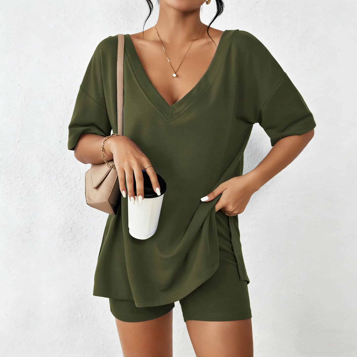 V-neck comfort Two-Piece Pajama Set For Women Summer Casual Split Hem Shirts & Biker Shorts