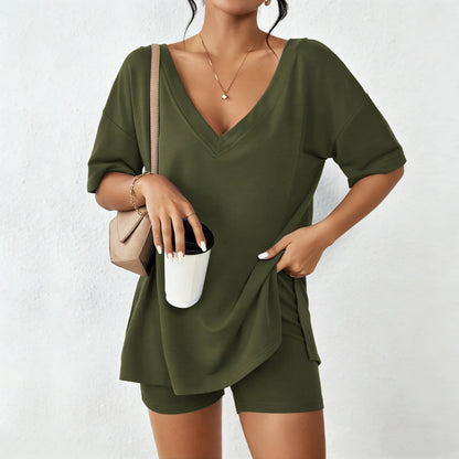 V-neck comfort Two-Piece Pajama Set For Women Summer Casual Split Hem Shirts & Biker Shorts