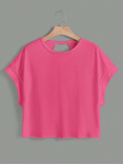 Women's Plain Cut Out Asymmetrical Hem Batwing Sleeve Tee