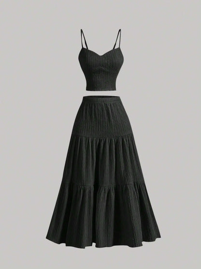 Solid Woven Crop Cami Top & A-line Skirt Two-piece Set