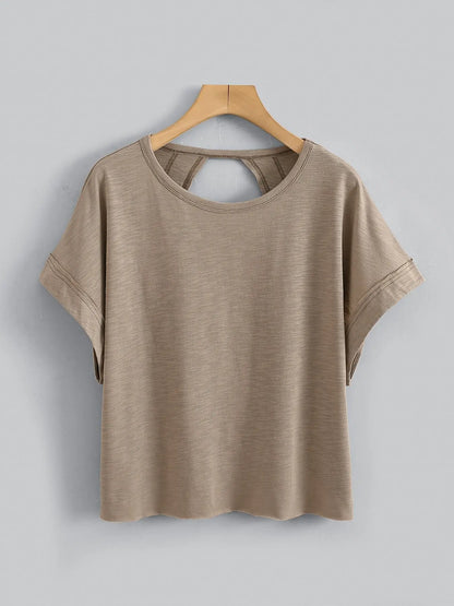 Women's Plain Cut Out Asymmetrical Hem Batwing Sleeve Tee