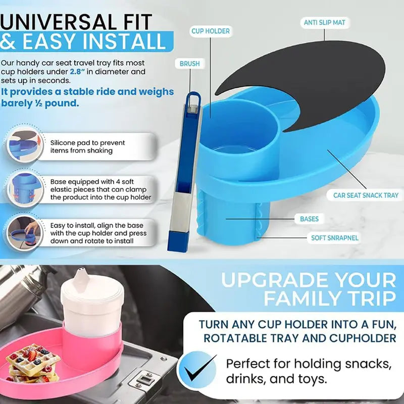Car Seat Snack Tray and Organizer, 360° Rotatable Cup Holder Drinks Travel Tray for Car Seats and Boosters