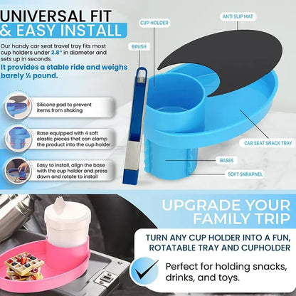 Car Seat Snack Tray and Organizer, 360° Rotatable Cup Holder Drinks Travel Tray for Car Seats and Boosters