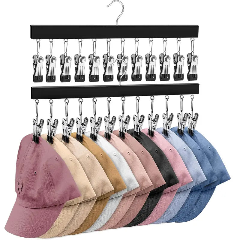 2 Pack Wooden Hat Organizer with 12 Stainless Steel Clips