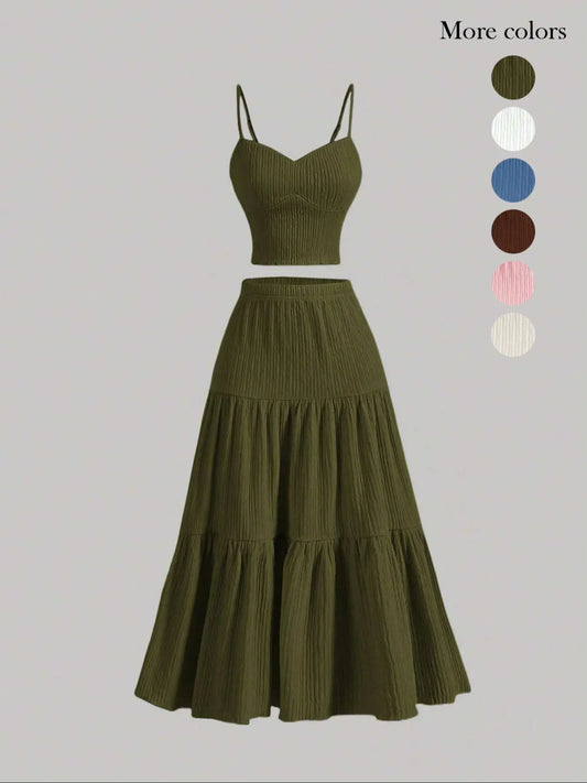 Solid Woven Crop Cami Top & A-line Skirt Two-piece Set