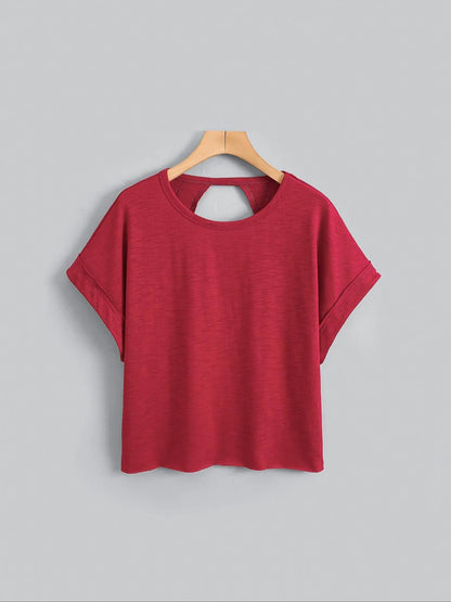 Women's Plain Cut Out Asymmetrical Hem Batwing Sleeve Tee