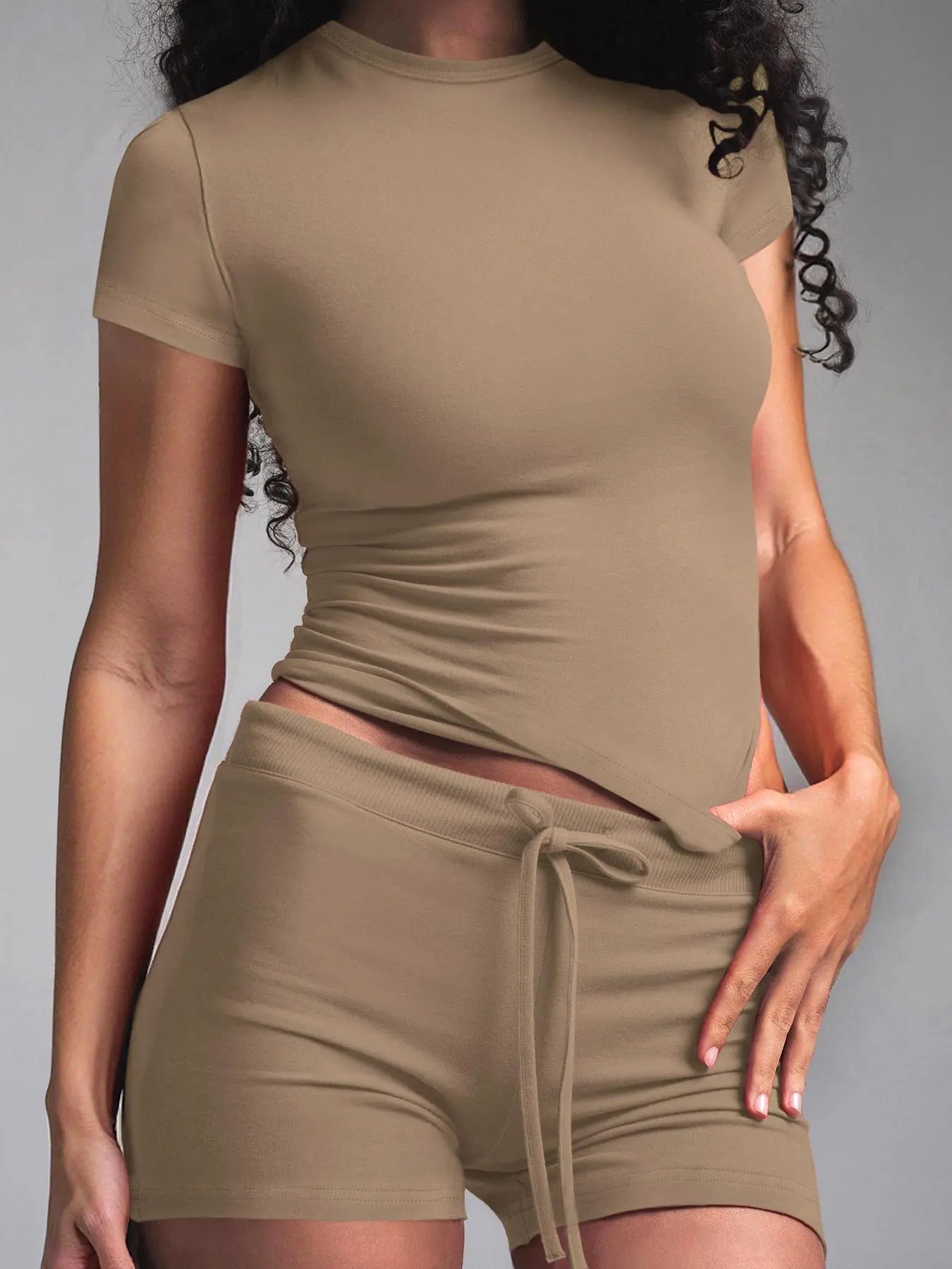 Women's Solid Color Modal Loungewear Two-Piece Set, Casual Comfy Short Sleeve Round Neck Tee
