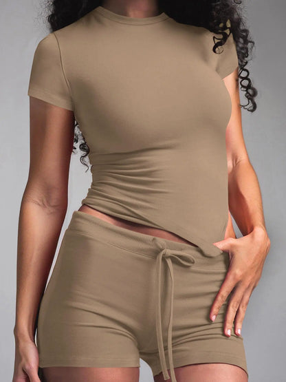 Women's Solid Color Modal Loungewear Two-Piece Set, Casual Comfy Short Sleeve Round Neck Tee