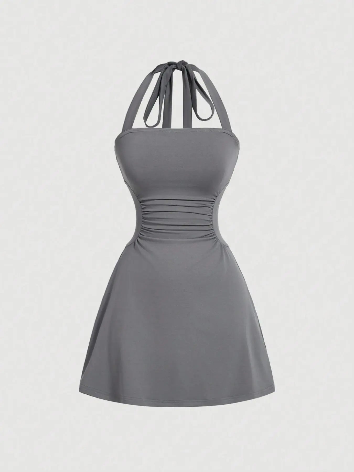Plain Ruched Tie Back Halter Neck Dress