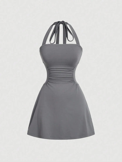 Plain Ruched Tie Back Halter Neck Dress