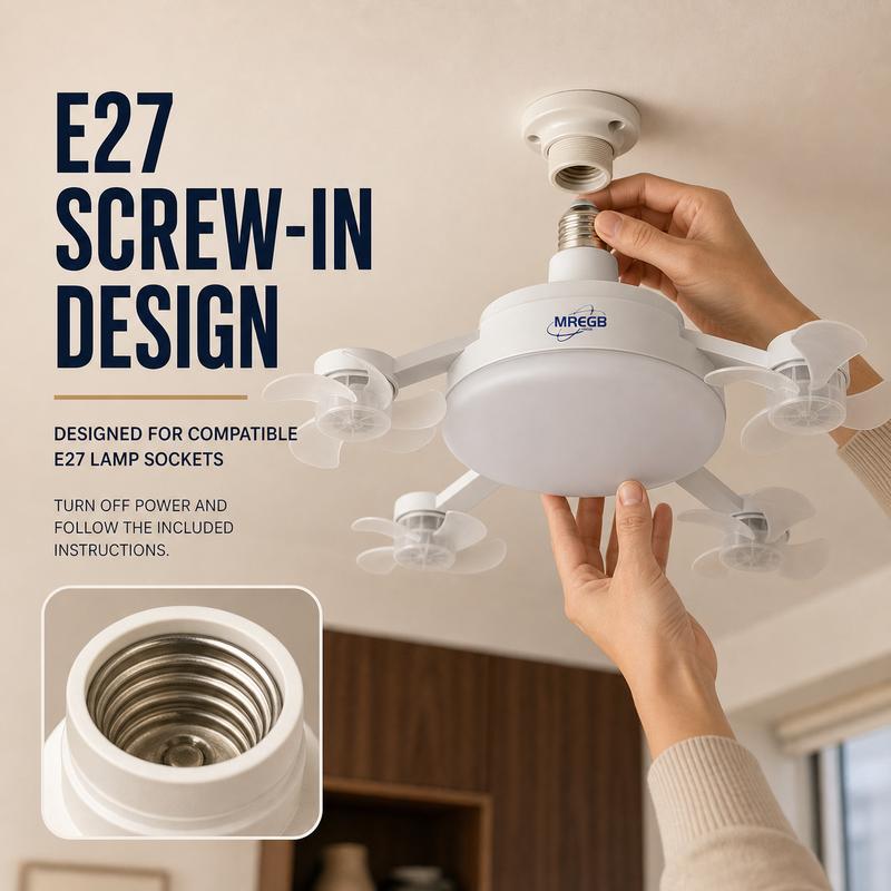 New E27 Socket Ceiling Fan Light - 2-in-1 Silent LED Fan