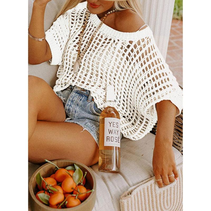Womens Summer Scoop Neck Short Sleeve Sweater