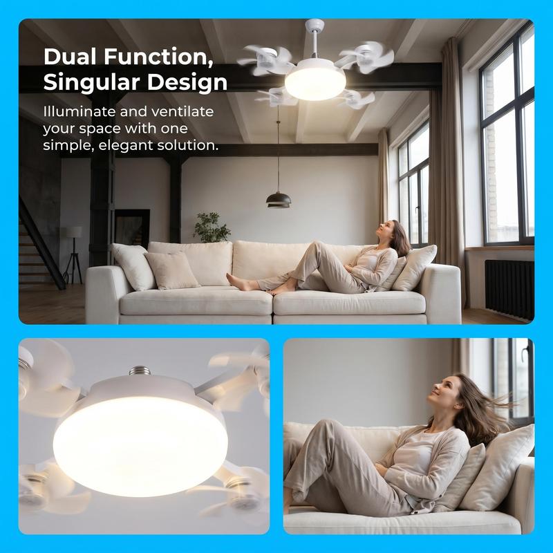 New E27 Socket Ceiling Fan Light - 2-in-1 Silent LED Fan