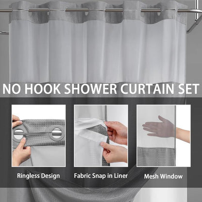 Grey No Hook Shower Curtain with Snap in Liner