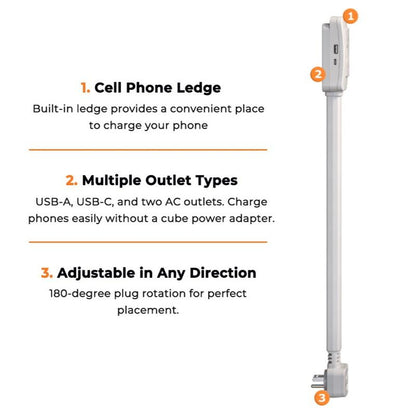 EZ Outlet Electrical Outlet Extender with USB-A USB-C & 2 AC Outlets Extendable 22-34" Rotatable 180°