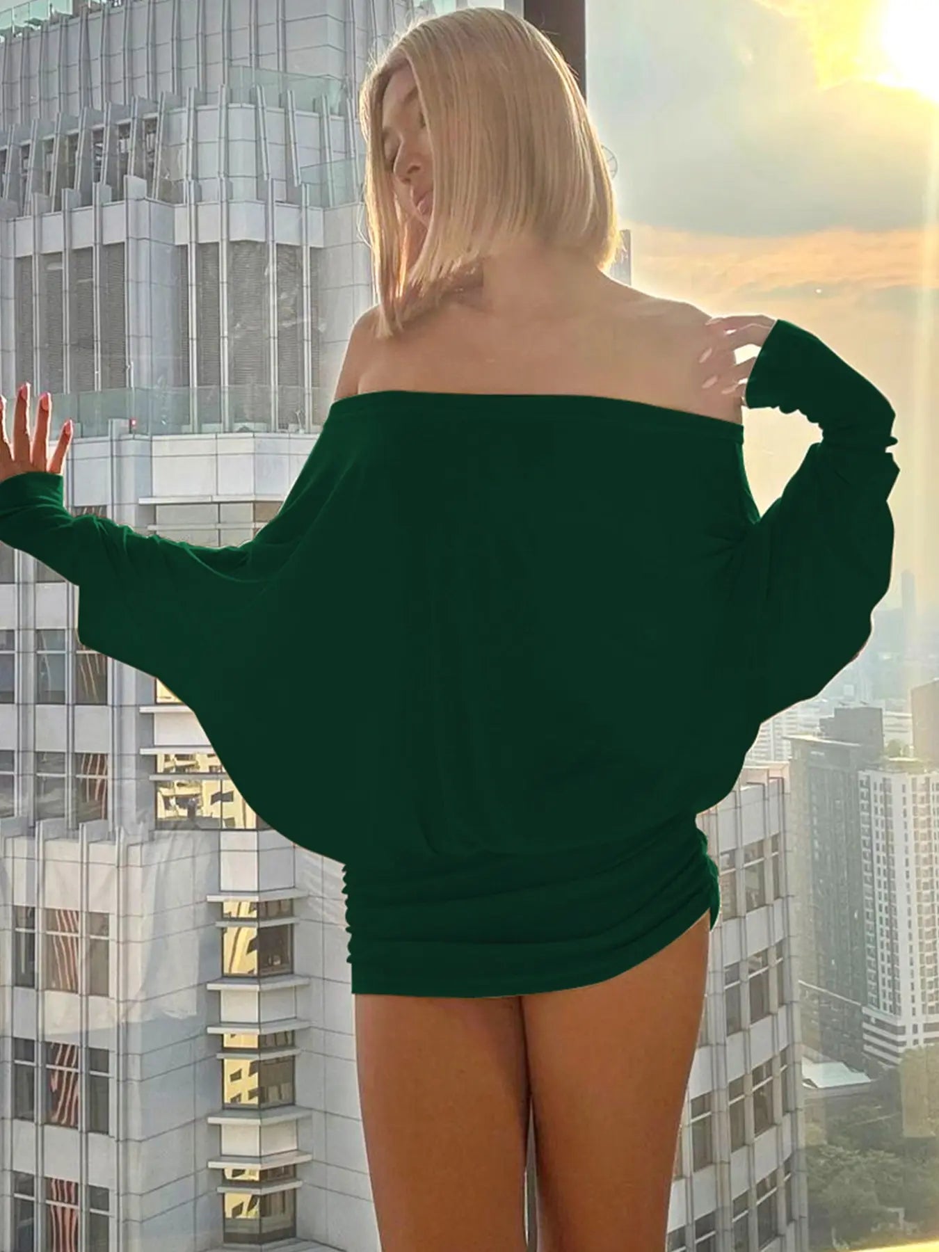 Women's Sheer Ruched Casual Party Dress, Off-The-Shoulder Long Sleeve Fit Women's Mini Dress