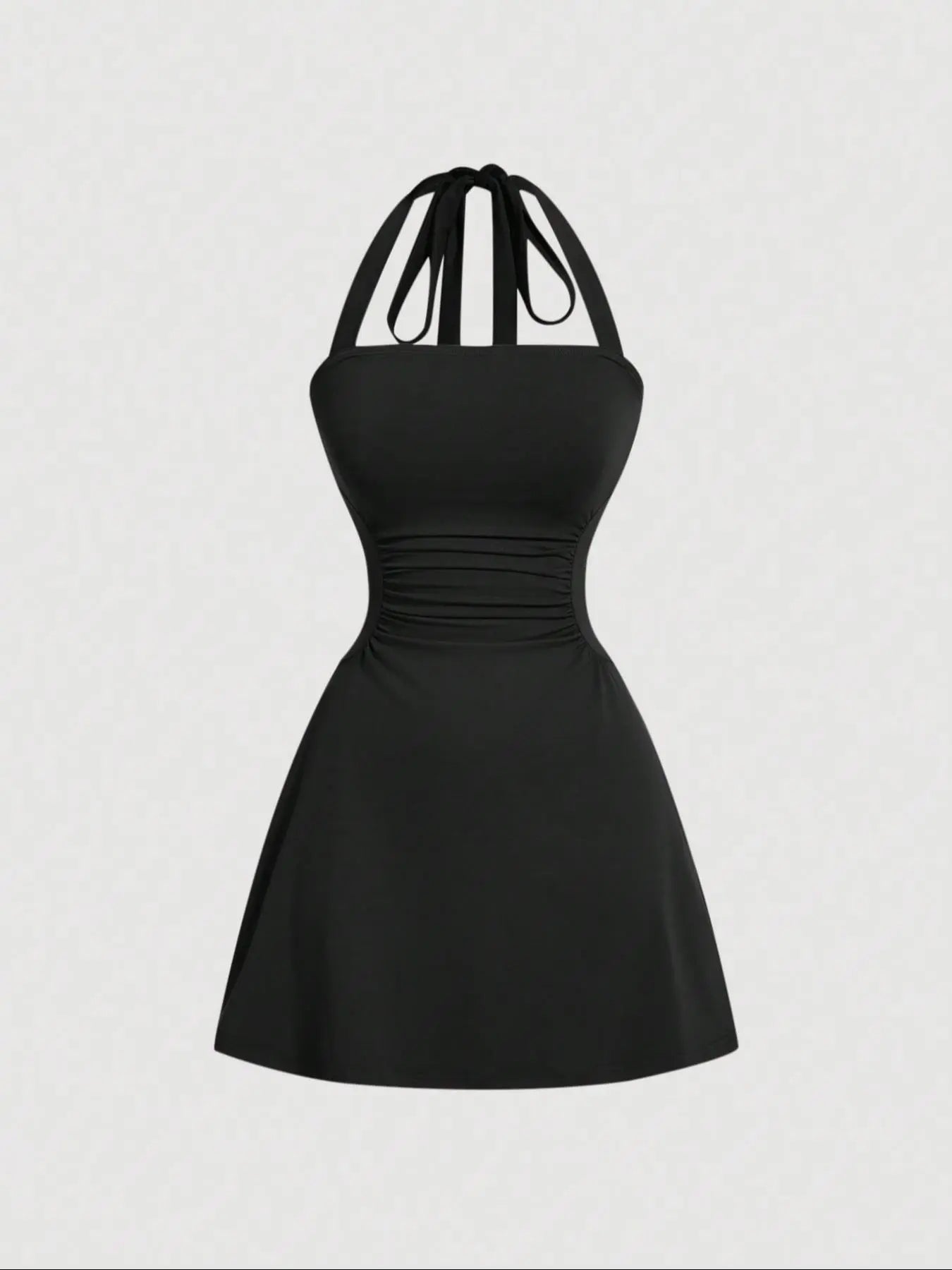 Plain Ruched Tie Back Halter Neck Dress