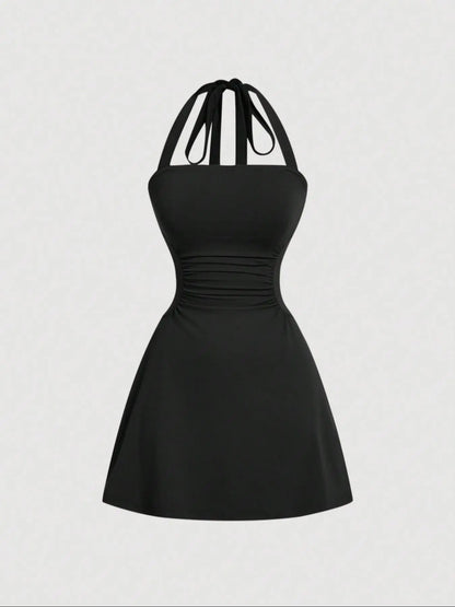 Plain Ruched Tie Back Halter Neck Dress